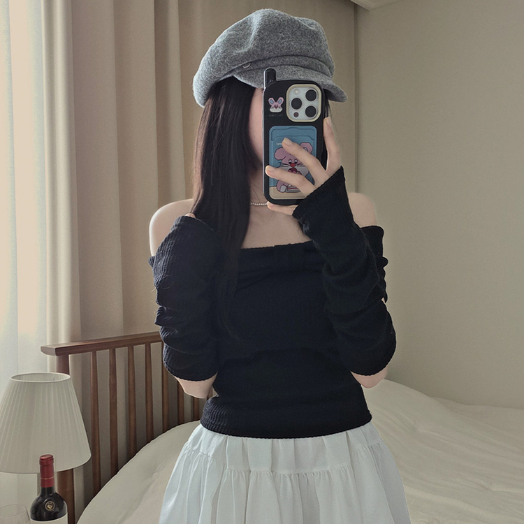 【ウォーマー付き】リボンオフショルダー半袖Tシャツ BLACK