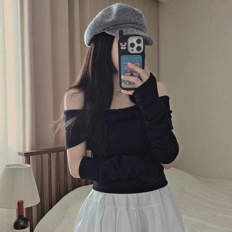 【ウォーマー付き】リボンオフショルダー半袖Tシャツ BLACK