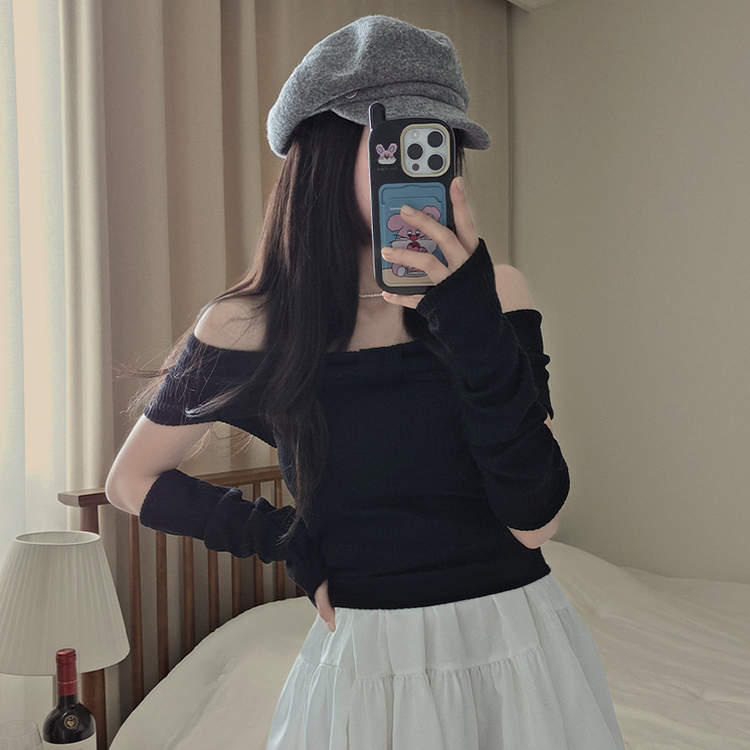 【ウォーマー付き】リボンオフショルダー半袖Tシャツ BLACK