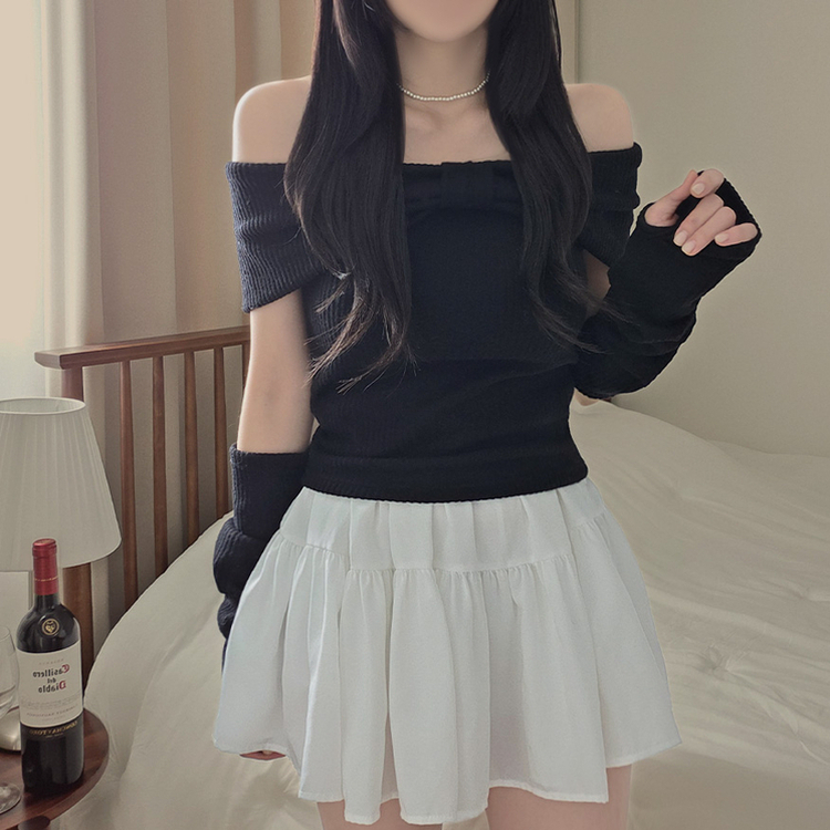 【ウォーマー付き】リボンオフショルダー半袖Tシャツ BLACK