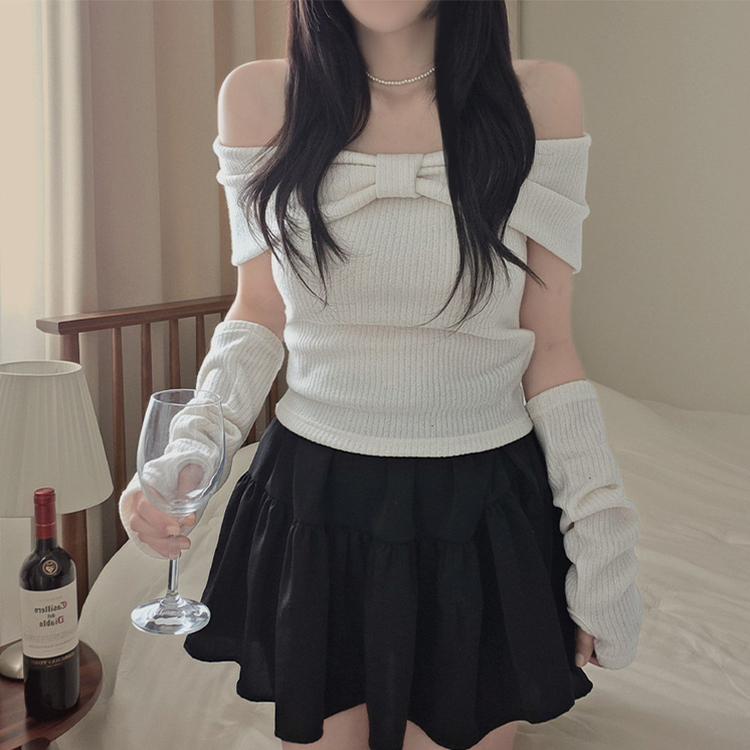 【ウォーマー付き】リボンオフショルダー半袖Tシャツ IVORY