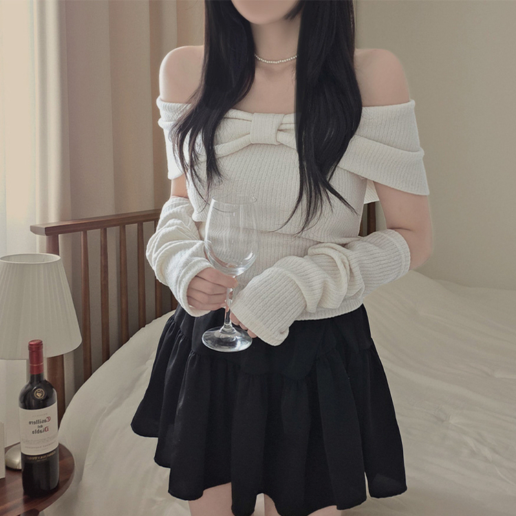 【ウォーマー付き】リボンオフショルダー半袖Tシャツ IVORY