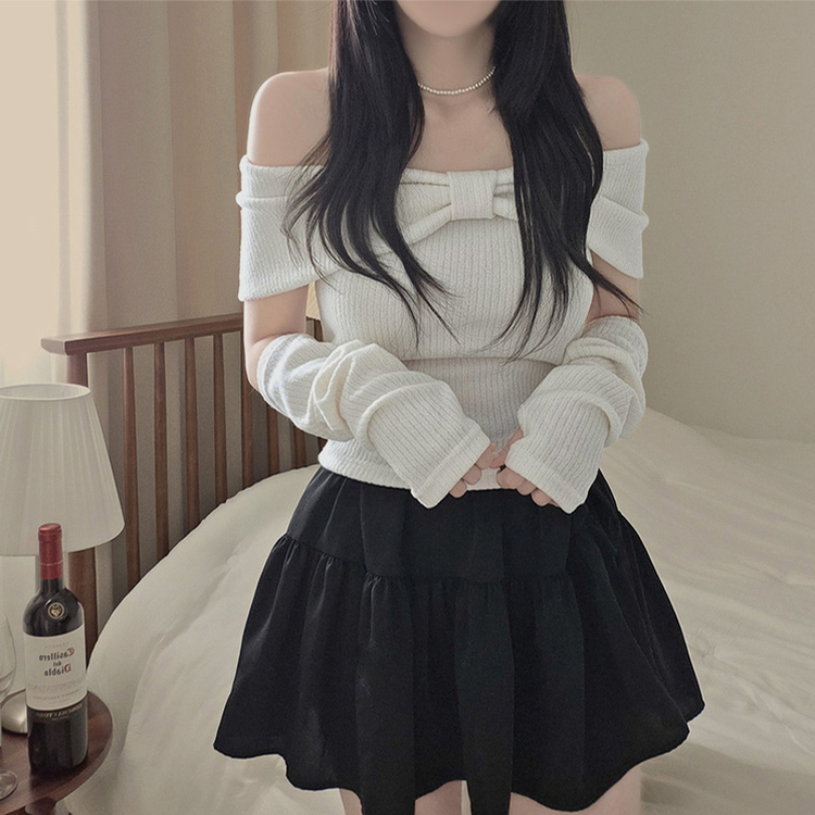 【ウォーマー付き】リボンオフショルダー半袖Tシャツ IVORY