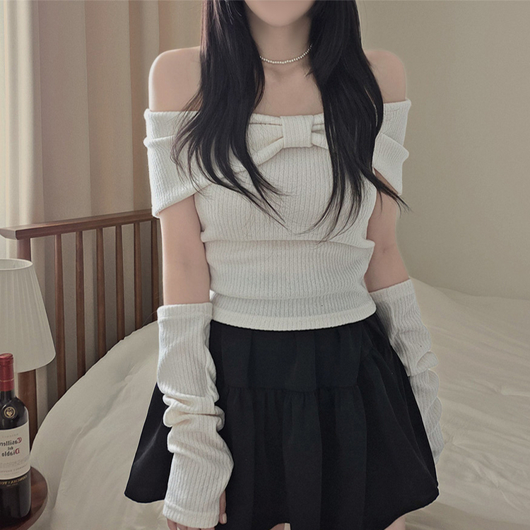 【ウォーマー付き】リボンオフショルダー半袖Tシャツ IVORY