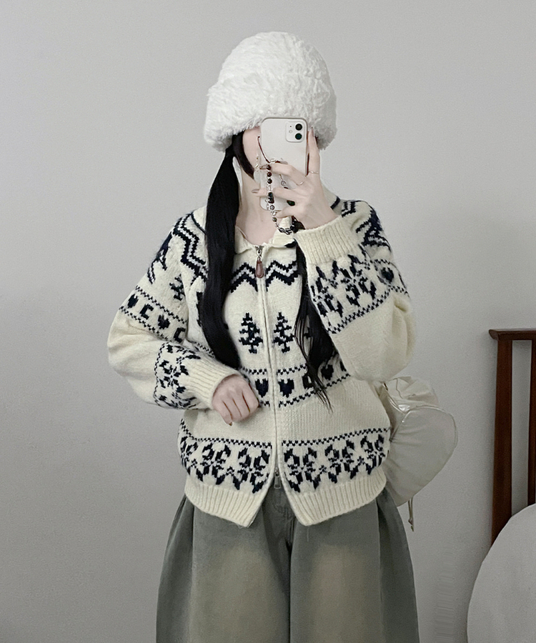 스키노르딕패턴카라투웨이울니트집업