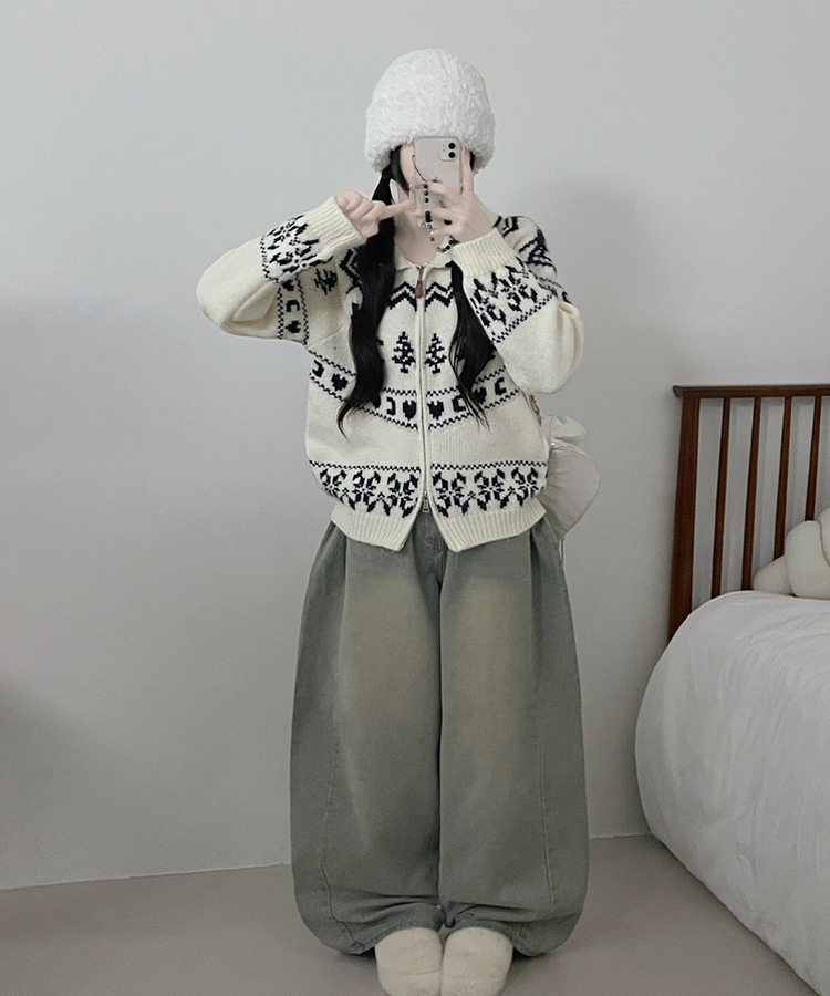 스키노르딕패턴카라투웨이울니트집업