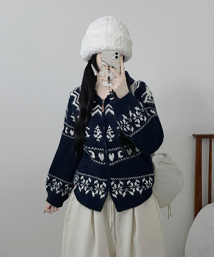 스키노르딕패턴카라투웨이울니트집업