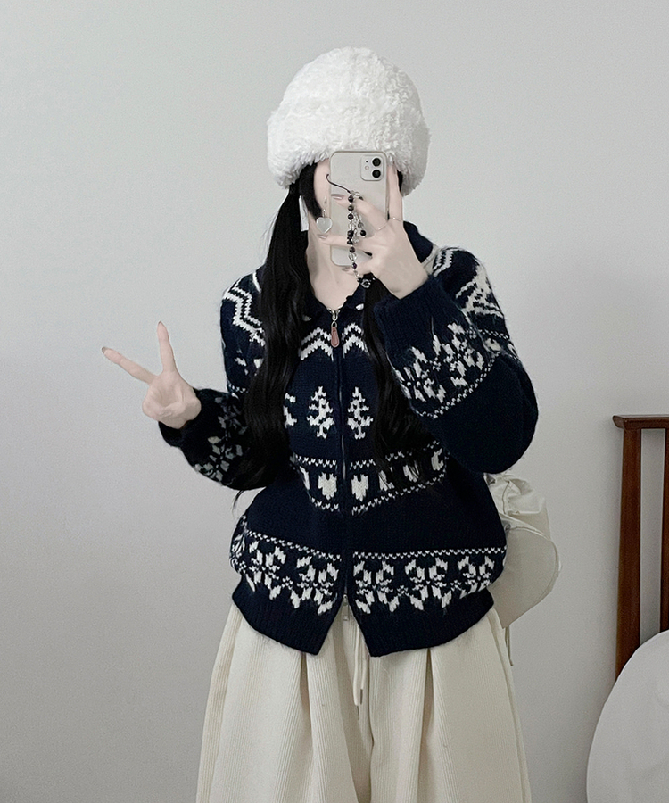 스키노르딕패턴카라투웨이울니트집업