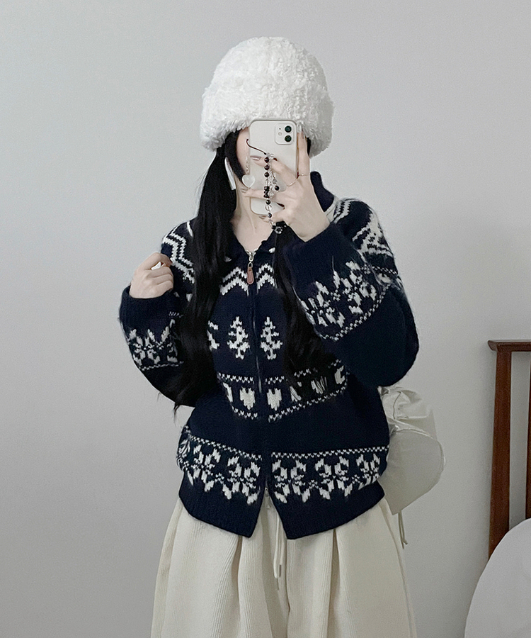 스키노르딕패턴카라투웨이울니트집업