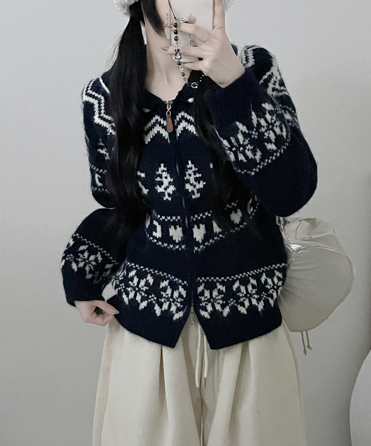 스키노르딕패턴카라투웨이울니트집업