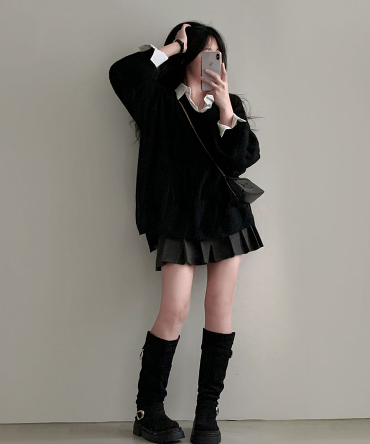 보호본능 자극핏여리함 플러스 꽈배기 꼬임 브이넥 오버핏 니트 블랙