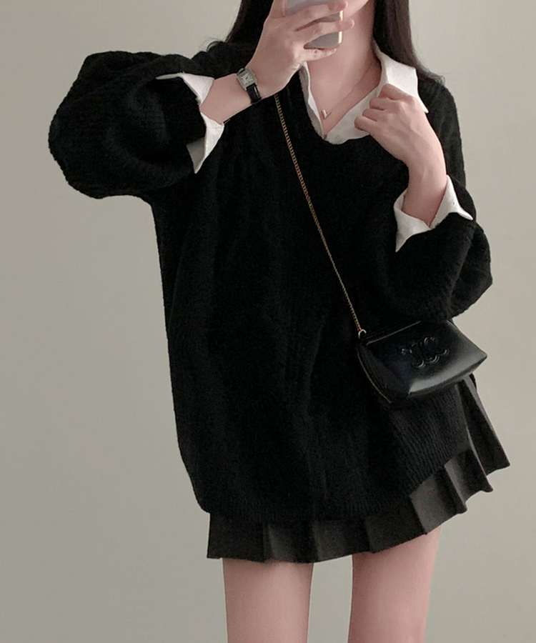 보호본능 자극핏여리함 플러스 꽈배기 꼬임 브이넥 오버핏 니트 블랙