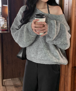 ウールワンショルダーVネックニット(6color) GRAY