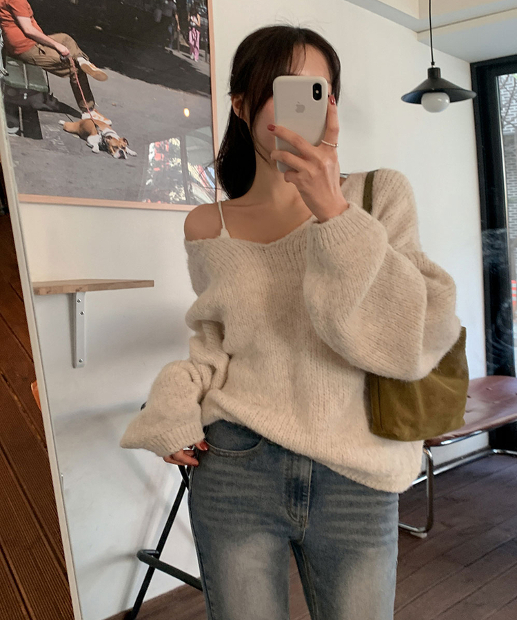 ウールワンショルダーVネックニット(6color) OATMEAL