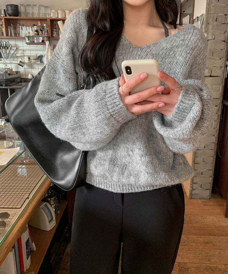 ウールワンショルダーVネックニット(6color) GRAY