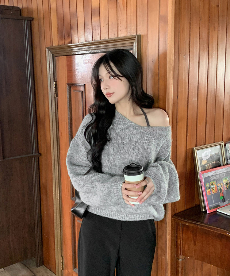 ウールワンショルダーVネックニット(6color) GRAY