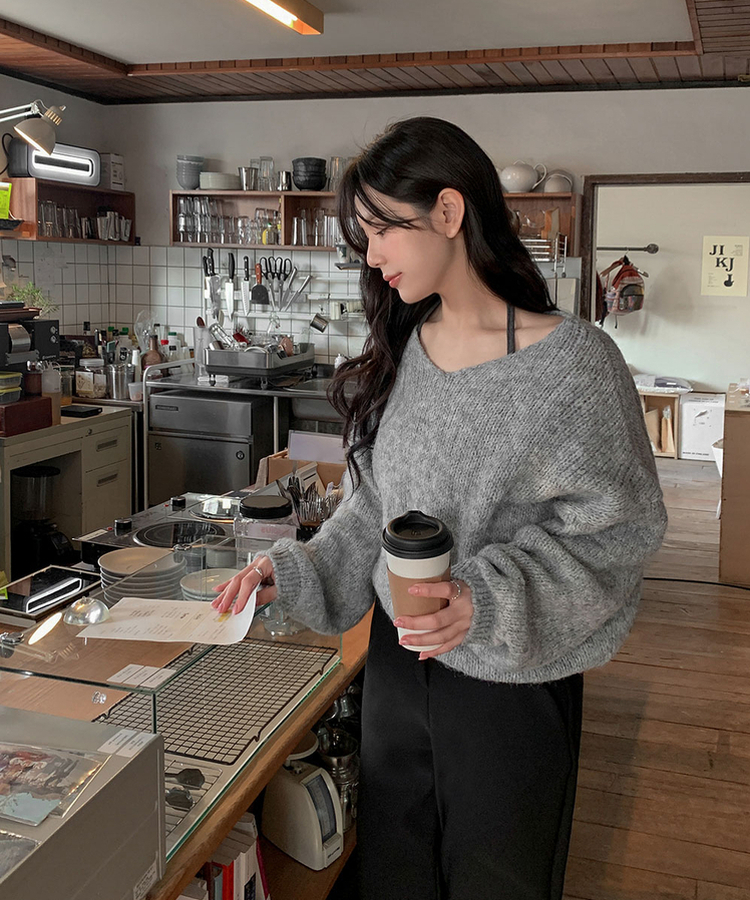 ウールワンショルダーVネックニット(6color) GRAY