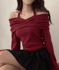 플럼 포근 기모 홀터 리본 오프숄더 티셔츠 와인