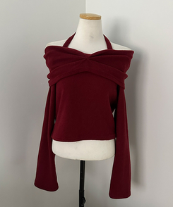 플럼 포근 기모 홀터 리본 오프숄더 티셔츠