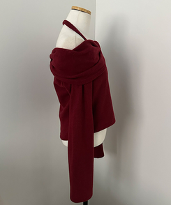 플럼 포근 기모 홀터 리본 오프숄더 티셔츠