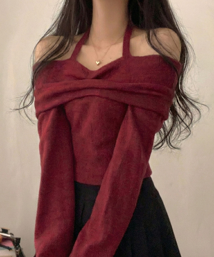 플럼 포근 기모 홀터 리본 오프숄더 티셔츠 와인