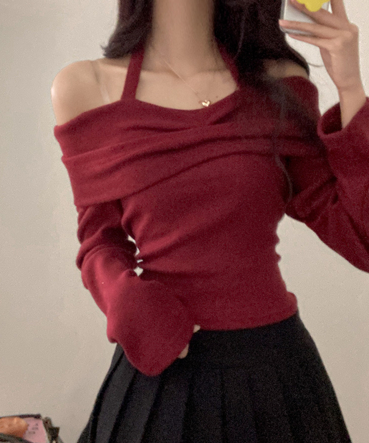 플럼 포근 기모 홀터 리본 오프숄더 티셔츠 와인