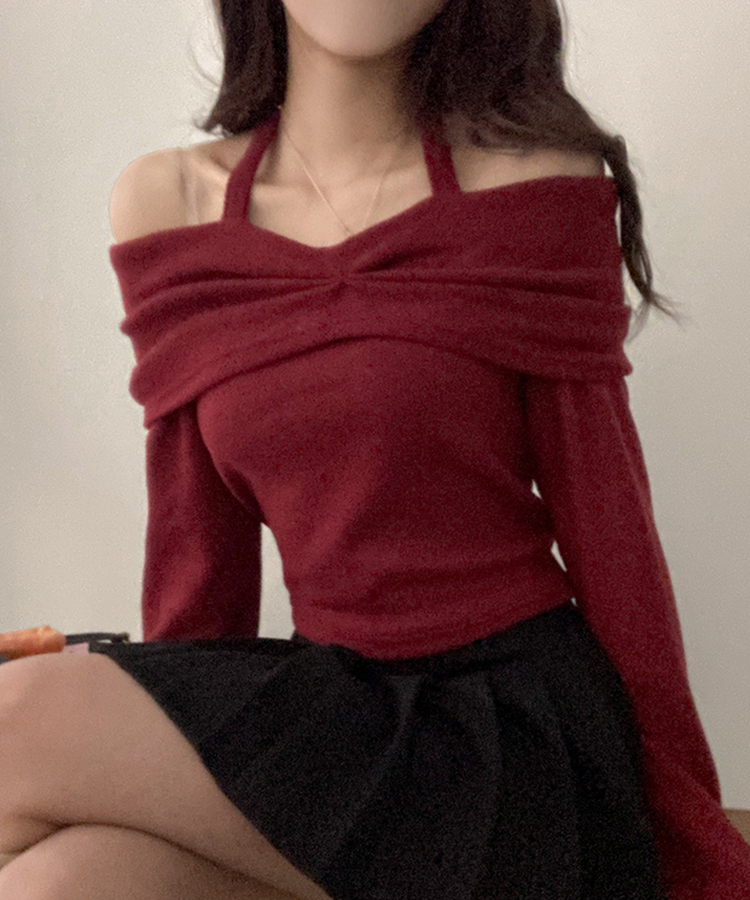 플럼 포근 기모 홀터 리본 오프숄더 티셔츠 와인