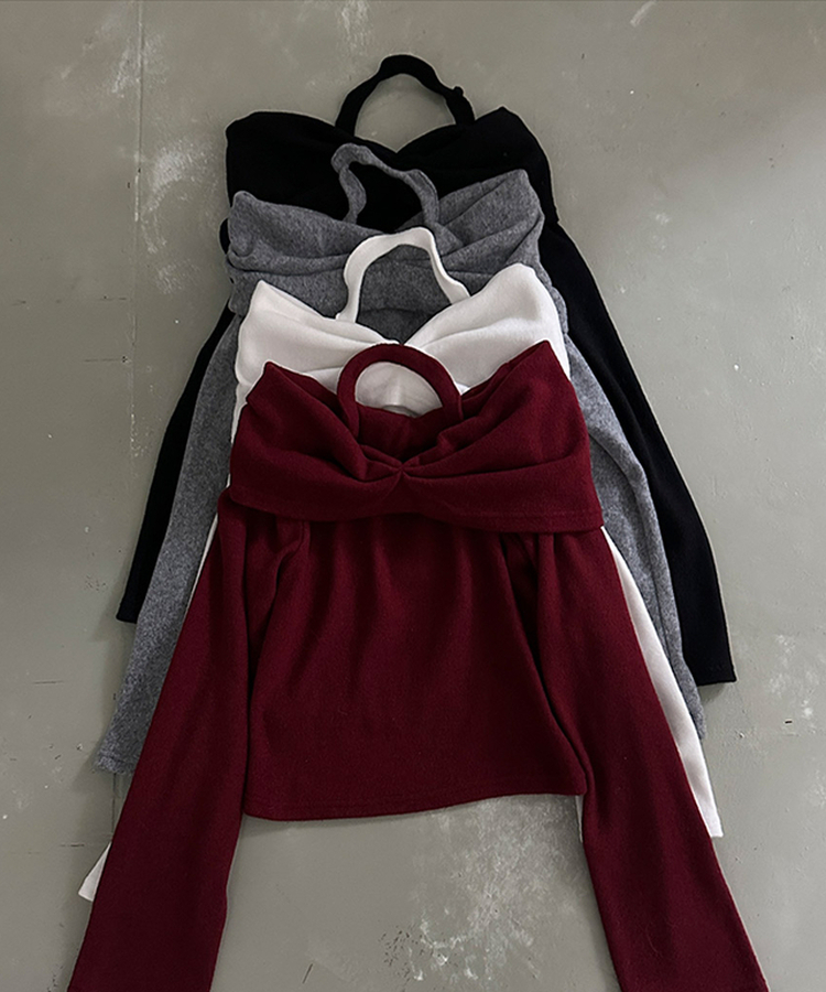 플럼 포근 기모 홀터 리본 오프숄더 티셔츠