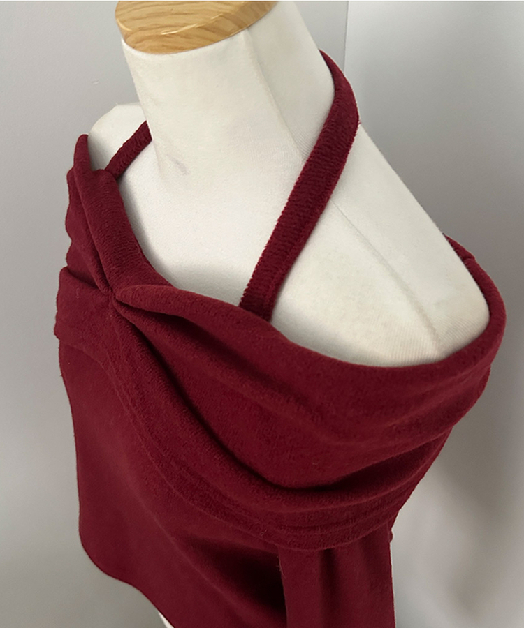 플럼 포근 기모 홀터 리본 오프숄더 티셔츠