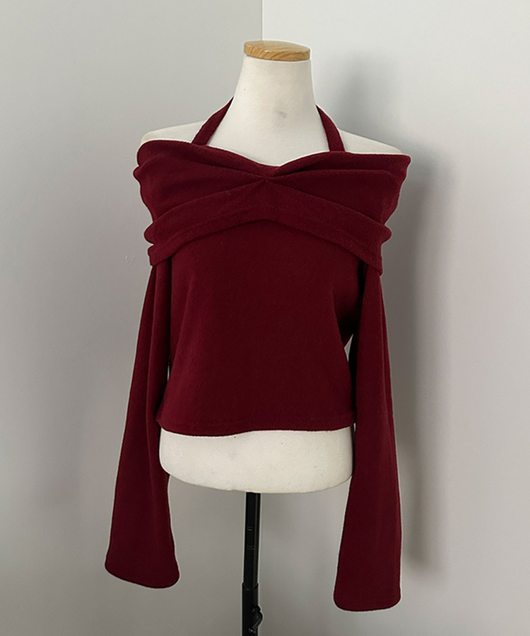 플럼 포근 기모 홀터 리본 오프숄더 티셔츠