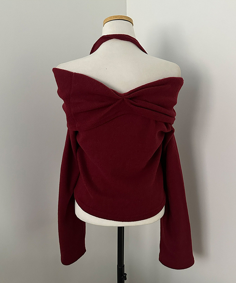 플럼 포근 기모 홀터 리본 오프숄더 티셔츠