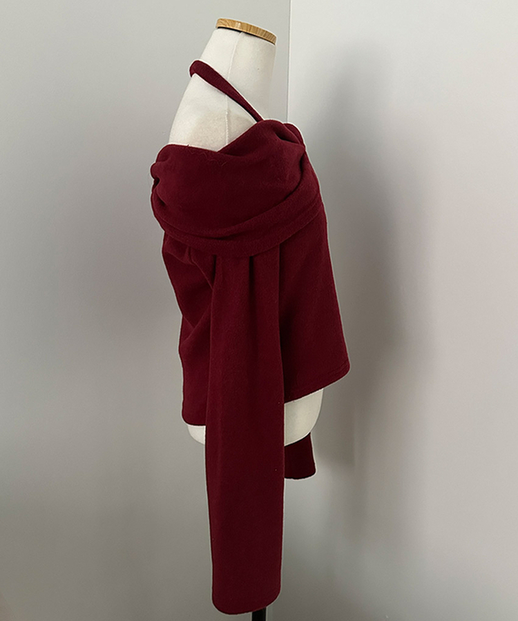 플럼 포근 기모 홀터 리본 오프숄더 티셔츠