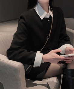 트와일라잇 세미크롭 트위드 라운드 자켓 스커트 투피스 세트 블랙