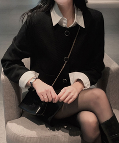 트와일라잇 세미크롭 트위드 라운드 자켓 스커트 투피스 세트 블랙