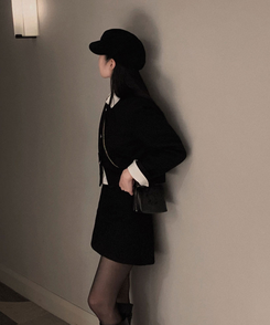 트와일라잇 세미크롭 트위드 라운드 자켓 스커트 투피스 세트 블랙