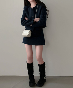 트와일라잇 세미크롭 트위드 라운드 자켓 스커트 투피스 세트 네이비