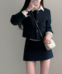 트와일라잇 세미크롭 트위드 라운드 자켓 스커트 투피스 세트 네이비