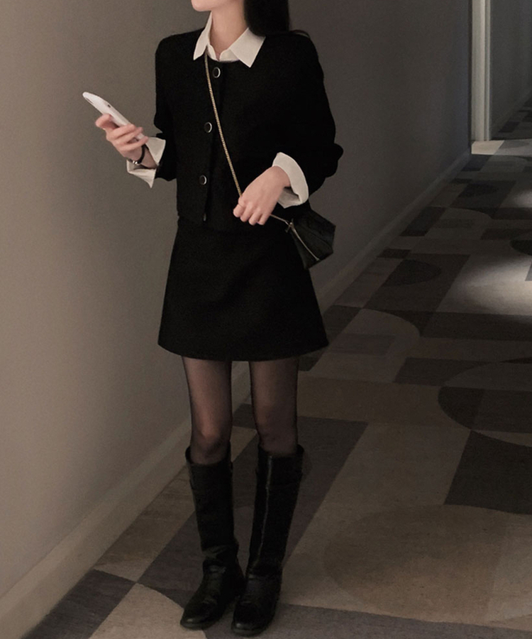 트와일라잇 세미크롭 트위드 라운드 자켓 스커트 투피스 세트 블랙