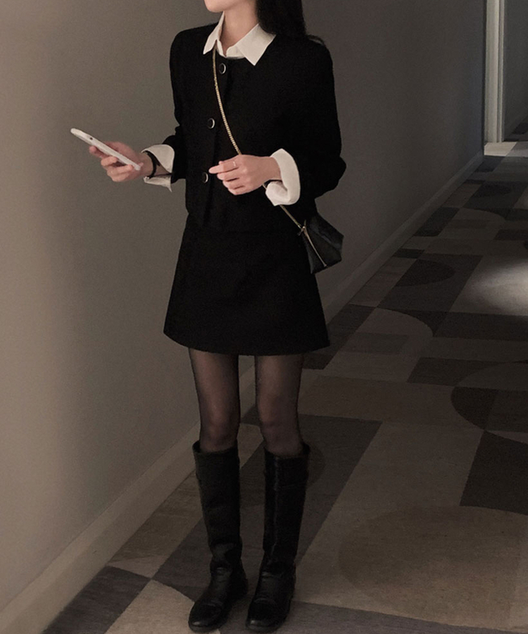 트와일라잇 세미크롭 트위드 라운드 자켓 스커트 투피스 세트 블랙