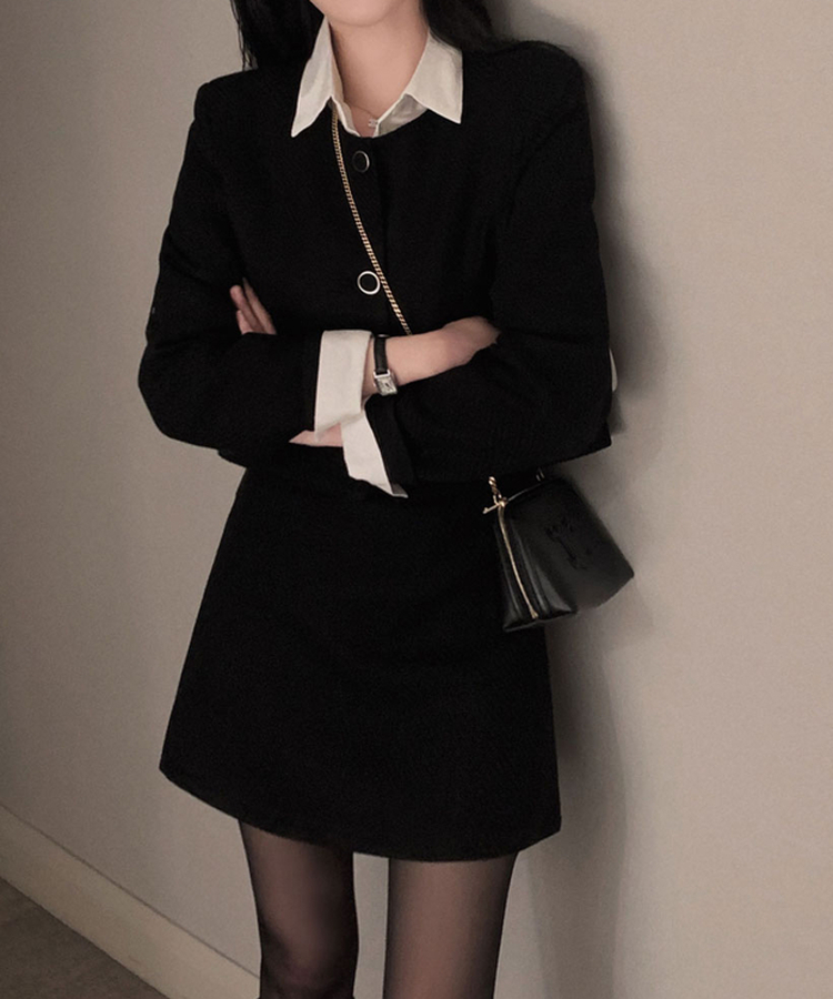 트와일라잇 세미크롭 트위드 라운드 자켓 스커트 투피스 세트 블랙