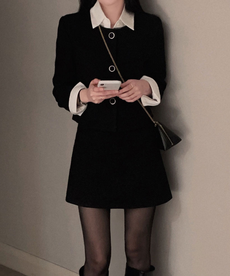 트와일라잇 세미크롭 트위드 라운드 자켓 스커트 투피스 세트 블랙