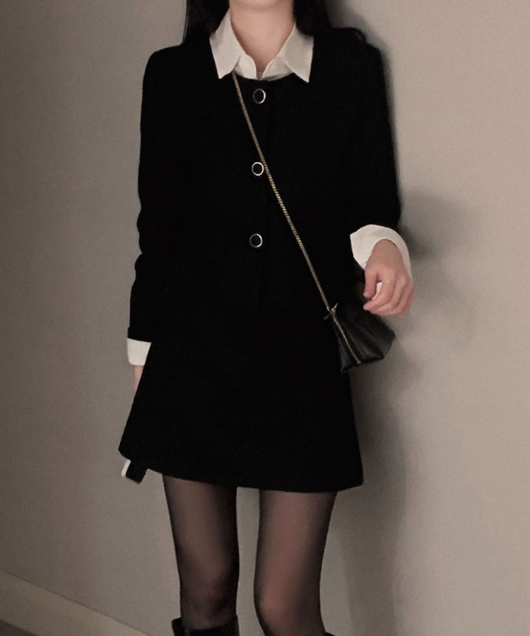 트와일라잇 세미크롭 트위드 라운드 자켓 스커트 투피스 세트 블랙