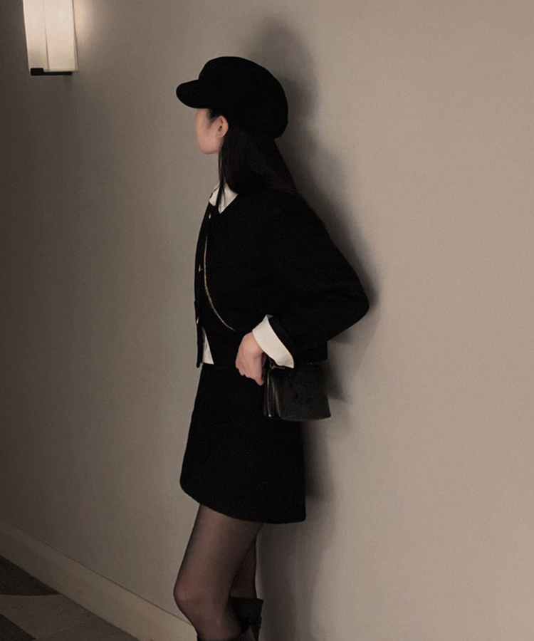 트와일라잇 세미크롭 트위드 라운드 자켓 스커트 투피스 세트 블랙