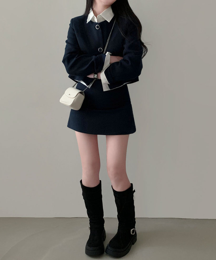 트와일라잇 세미크롭 트위드 라운드 자켓 스커트 투피스 세트 네이비