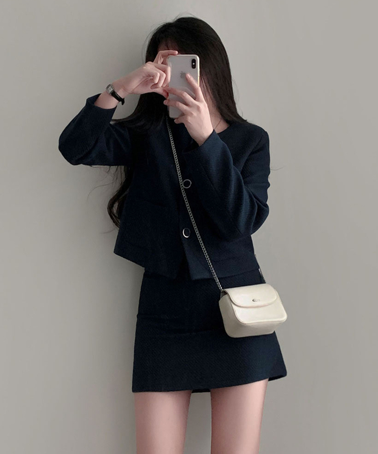 트와일라잇 세미크롭 트위드 라운드 자켓 스커트 투피스 세트 네이비