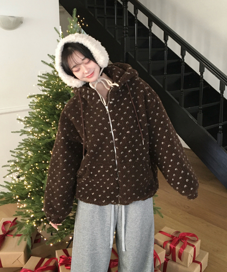 미찌 누빔 안감 도트 뽀글이 스트링 후드 집업 점퍼