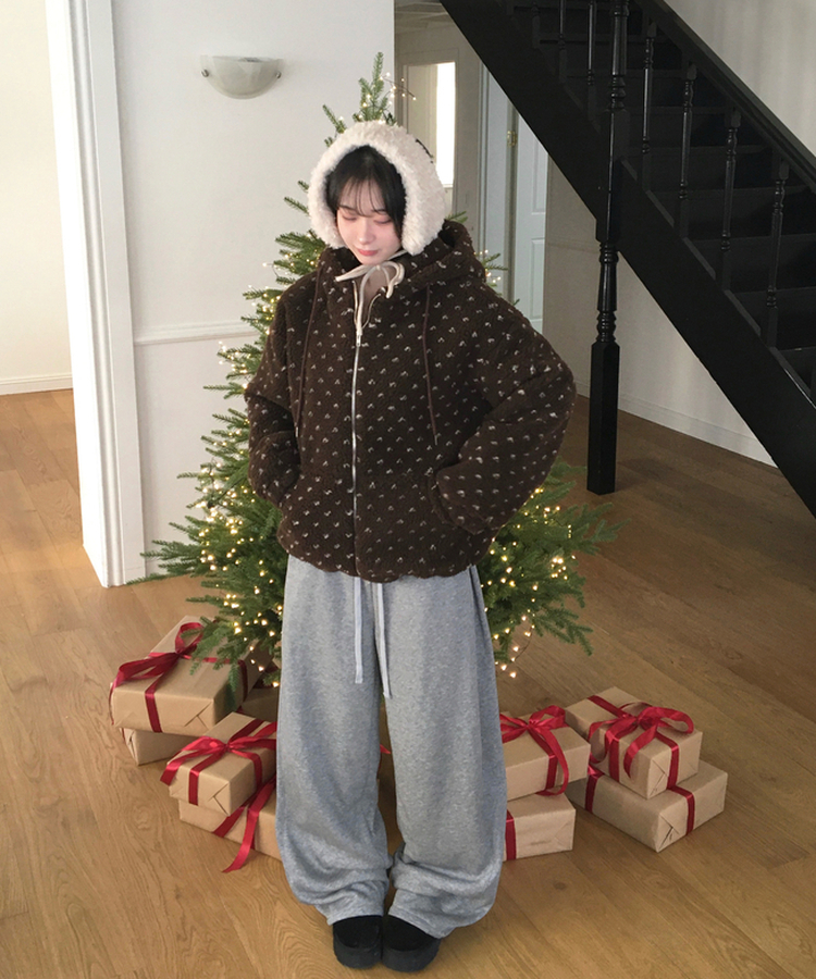 미찌 누빔 안감 도트 뽀글이 스트링 후드 집업 점퍼