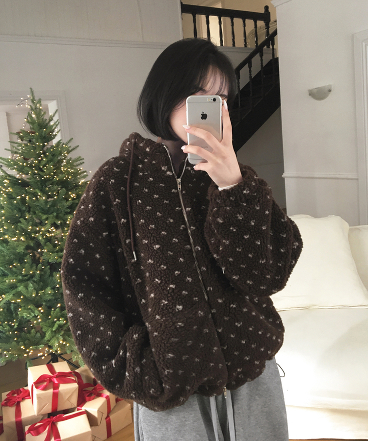 미찌 누빔 안감 도트 뽀글이 스트링 후드 집업 점퍼