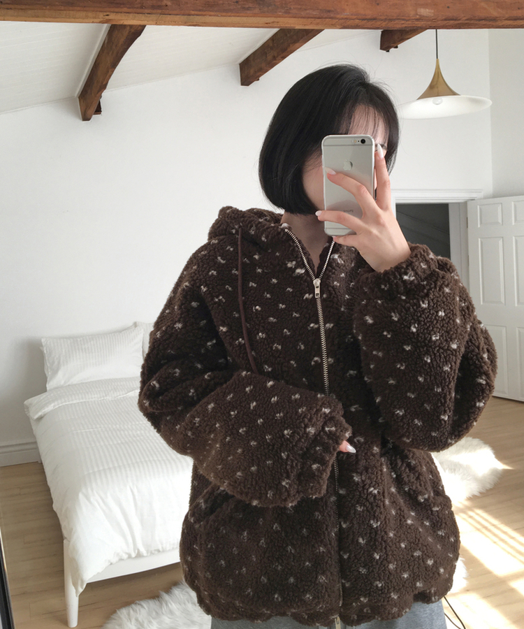 미찌 누빔 안감 도트 뽀글이 스트링 후드 집업 점퍼