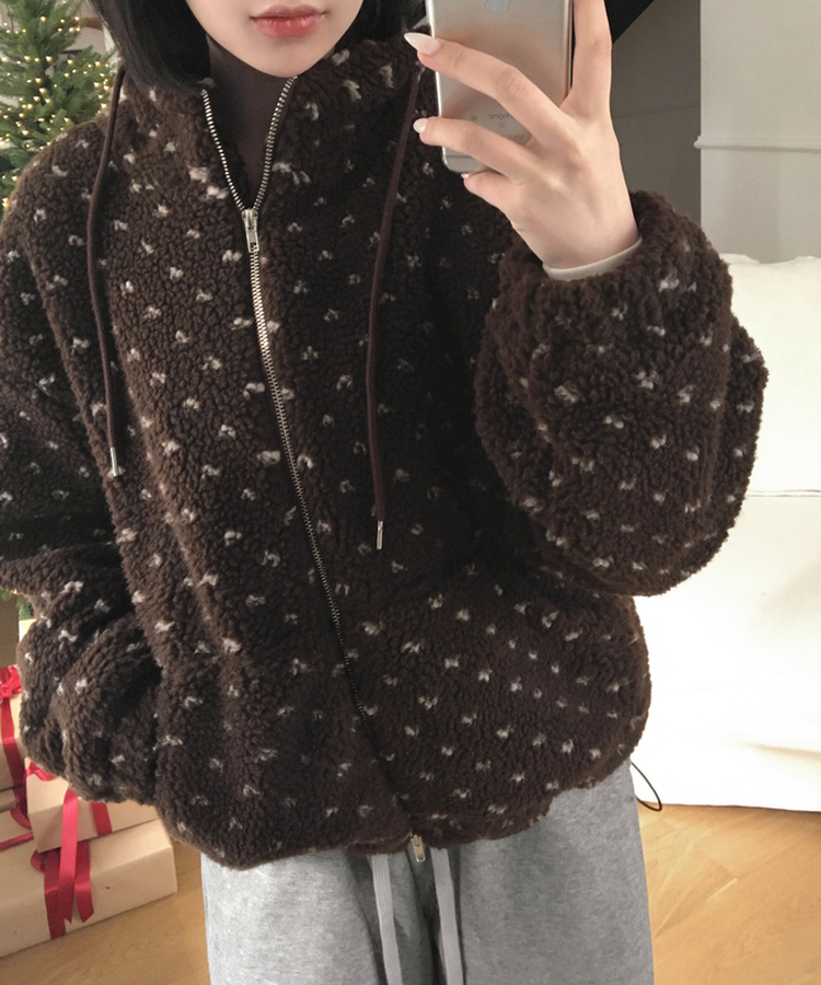 미찌 누빔 안감 도트 뽀글이 스트링 후드 집업 점퍼